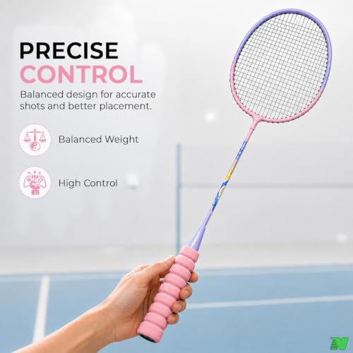 Image of Wide Body Aluminium Badminton Racket Set of 2 for Men & Women | Racquets with High Tension Strings | Indoor & Outdoor Racket with Carry Bag (Purple & Pink)