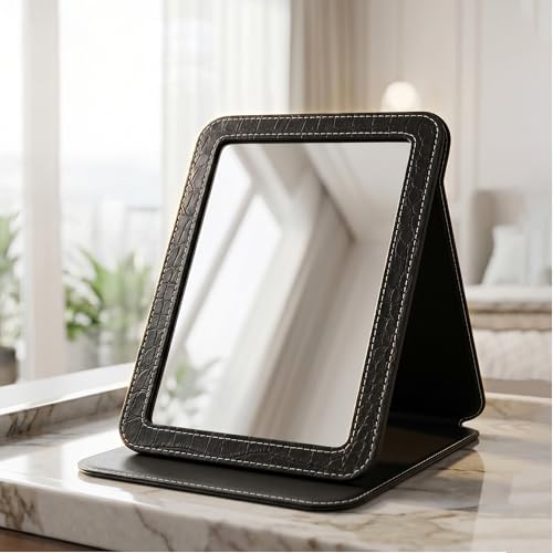 Ximruyuv Black Foldable Desk Mirror, 5.3×6.9” Adjustable Angle Rounded Rectangle