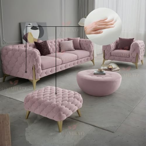 Image of 4 Seater Sofa Set Modern Classic Chesterfield Style Sofa Set with Pillows for Living Room, Bedroom and Office and Hallway Colour (3+1+OTTO Pink FC)