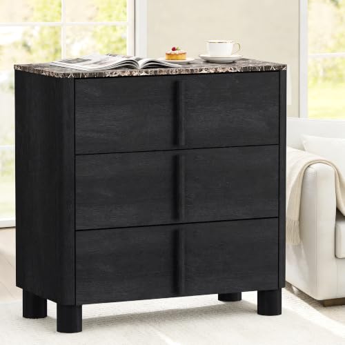 Image of 31.5 inch Wide 3 Drawer Dressers, Faux Marble & Wood Storage Cabinet, Modern Curved Accent Chest with Rounded Wood Handles for Bedroom, Living Room & Entryway, Black Grey