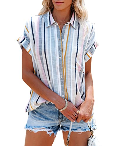 SySea Womens Short Sleeve Striped Shirts Casual Button Down V Neck Work Blouses Tops