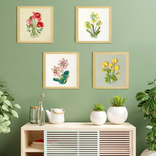 Image of LOMOHOO 4 Sets Ribbon Flower Embroidery Kit for Beginners, Needlepoint Stamped Cross Stitch Starter Kits, Stitch Learning DIY Kit with Floral Pattern, Thread, Hoops, Colorful Ribbons Flower