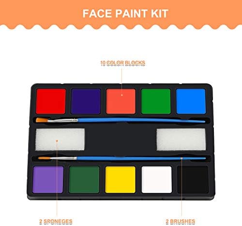ENJSD Face Paint Kit, 14 PCS Face Paint Set for Kids and Adults, Water Based Non-Toxic 10 Vivid Colors, 2 Brushes & Sponges, Easily Washable Safe Body Painting for Halloween Makeup and Party Cosplay