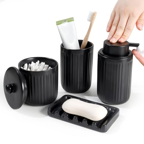 Image of BosilunLife Striped Black Ceramic Bathroom Accessories Set of 4 | Bathroom Decor Sets Accessories Bathroom Foam Soap Dispenser and Toothbrush Holder Set, Soap Dish, Apothecary Jars.(Foam)