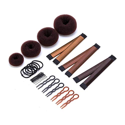 11 Pack Donut Hair Bun Maker Set, 4 Donut Bun Makers + 3 Magic Twist Hairstyle Clips +1 Bag Hair Pin + 6 Grip Hair Pins and 6 Hair Elastic Bands for Women Girls (Brown)