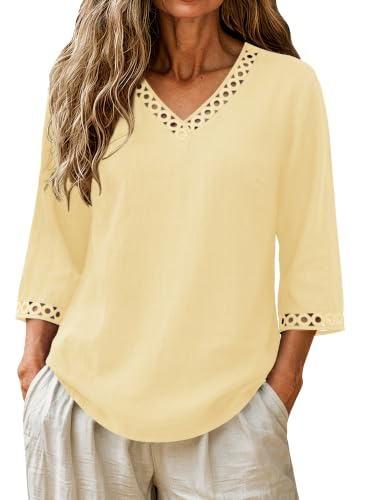 Micoson Womens Tops Dressy Casual Linen Blouse 3/4 V Neck Lace Yellow XL
