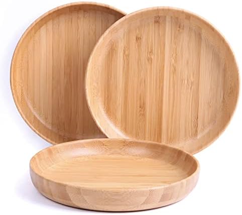 cluzelar Bamboo Plates Reusable Round for Food,Bamboo Serving Platter,Bamboo Dinnerware Sets,Tableware Set of 3,Cute Plate for Dessert,Appetizer,Cheese,Coffee