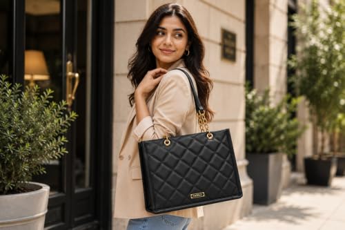 Image of Fargo Matrix Tote Bag for Women | Vegan Leather Handbag with 15-Inch Laptop Compartment, Smooth Zip | Stylish Office, College & Daily Use Tote | Made in India