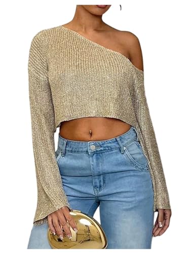 Milumia Women's Glitter Off The Shoulder Crop Sweater Long Sleeve Knitted Party Club Tops