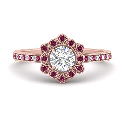 Image of 55Carat Choose Your Gemstone Milgrain Floral Halo Diamond CZ Ring Rose Gold Plated Round Shape Halo Engagement Rings Everyday Jewelry Wedding Jewelry Handmade Gifts for Wife US Size 4 to 12