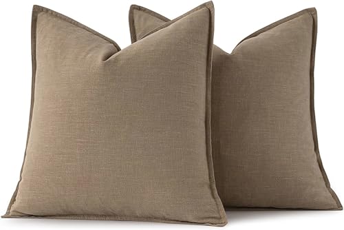 Image of MIULEE Decorative Linen Euro Sham Pillow Covers 28x28 Inch Khaki Boho Farmhouse Neutral Winter Couch Throw Pillows for Bed Pack of 2 Accent Modern Pillowcase Sofa Livingroom Home Decor