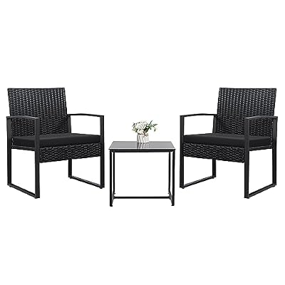 Devoko 3 Piece Patio Outdoor Furniture Set Wicker Table and Chairs Set for Balcony Porch Bistro