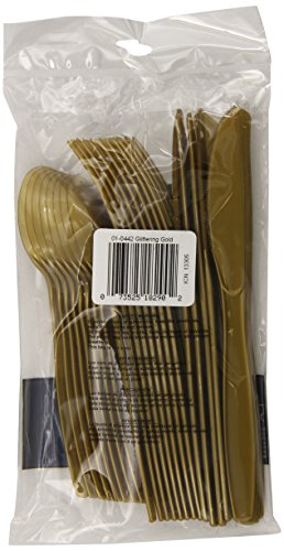 Touch of Color Premium Plastic Cutlery Assortment (Forks, Spoons, Knives), Glittering Gold, 24-Count