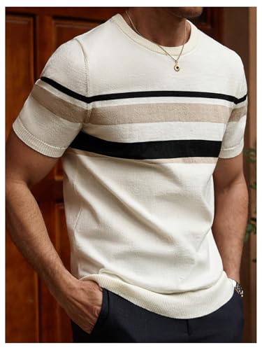 Men's Striped Short Sleeve Sweater Crew Neck Knitted Loose Fit Pullover Tops2