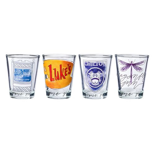 Image of Silver Buffalo Gilmore Girls 4-Pack Mini Glasses, Locations, 1.5oz | Warner Bros., Stars Hollow, Luke's Diner, Dragonfly Inn, Independence Inn, 44mL