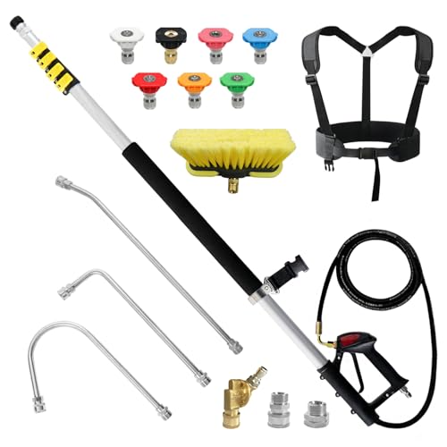 JANZ 24 FT Pressure Washer Telescoping Wand with Power Washer Extension Wands, Brush Head, Gutter Cleaner, 7 Spray Nozzle Tips, 2 Hose Adapters and Support Belt TW-004