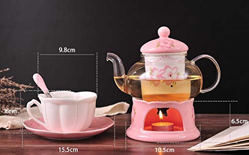 Tee-Set für 2 Personen, Knochenporzellan, Teekanne, Tasse und Untertasse, Set mit Stövchen und Tee-Ei, Kirschblüten-Design (Glas-Teekanne)