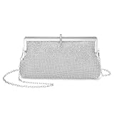 DTGN Evening Bags Clutch Purses for Women Formal, Metallic Purses Crystal Rhinestone Crossbody Handbag with Chain Shoulder Bag Sparkly for Wedding Guest Party Silver