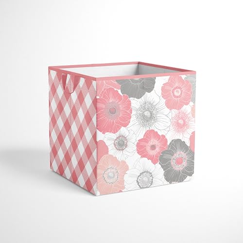 Bacati - Small Storage Tote Watercolor Flowers Coral Gray 10 x 10 x 10 inches