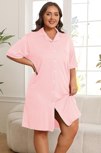 Image of Vozanet Women Button Down Nightgown Plus Size Nursing Nightshirt Boyfriend Nighty Bridal Sleepdress with Pockets XL-5XL