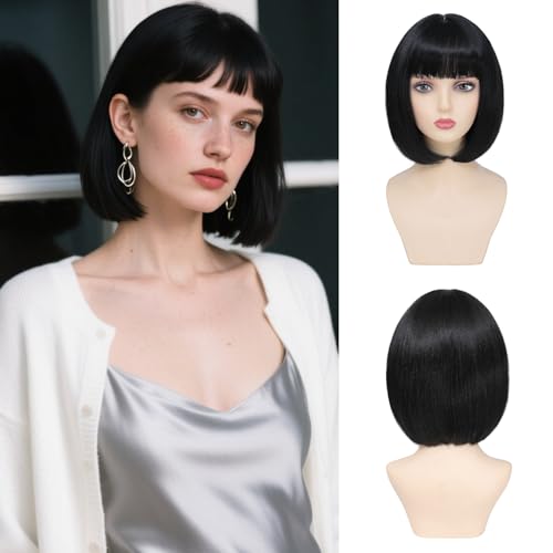 Refined hair Black Bob Wig with Bangs 12 Inch Short
