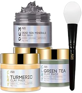 ANAiRUi Turmeric Clay Mask - Green Tea Detox Clay Mask - Dead Sea Minerals Mud Mask, Spa Facial Mask Set for Deeply Cleansing, Hydrating, Detoxing, and Reduce Acne and Blackheads, 70g each/ 210g total