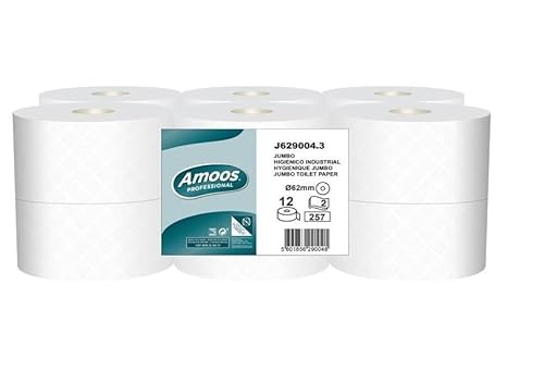 Papel higiénico industrial de doble capa. Pack 12 rollos. Canuto 62 mm. Gofrado con precorte Cover