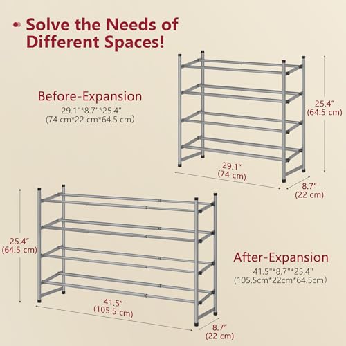 Image of Tajsoon Expandable Shoe Rack for Closet 4 Tier, 29 inch-41 inchAdjustable & Stackable Shoe Shelf Storage, Metal Shoe Rack Organizer for Front Door Entrance, Closet, Garage, Entryway, Grey
