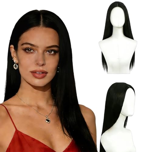 Parrucca Nera Lunga Liscia (70 cm) – Parrucca Nera Naturale Dritto Per Donna con Parte Centrale | Parrucche Lungo Nero Parte Centrale in Fibra Sintetica per Halloween, Carnevale & Cosplay