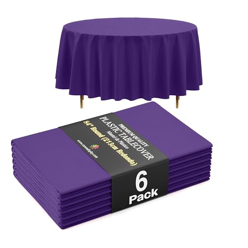 Image of Exquisite 66% Thicker Premium Purple Round Tablecloth 0.5 Mil 6 Pack Plastic Table Cloth Disposable 84 Inch Round Plastic Tablecloth Won't Tear Easily Like Cheap Thin Brands