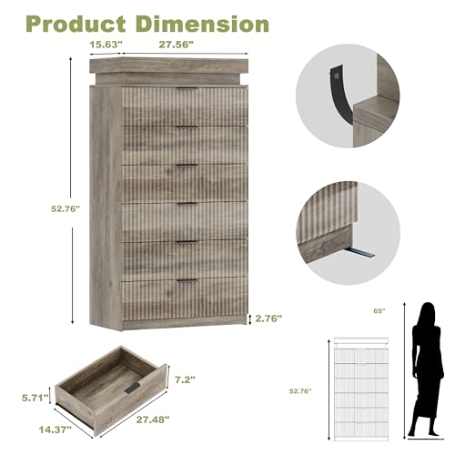 Image of Tall 6 Drawer Dresser with LED Lights and Charging Station, 53 inch Tall Wood Fluted Dresser for Bedroom, Grey Modern Chest of Drawers for Closet Organizer Cabinet for Living Room, Entryway