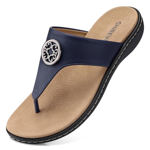 SHIBEVER Comfortable Flat Sandals for Women: Navy Blue Arch Support Slip on Summer Dressy Casual Walking Cute Beach Thong Flip Flops Sandal for Womens Outdoor Shoes Size 8