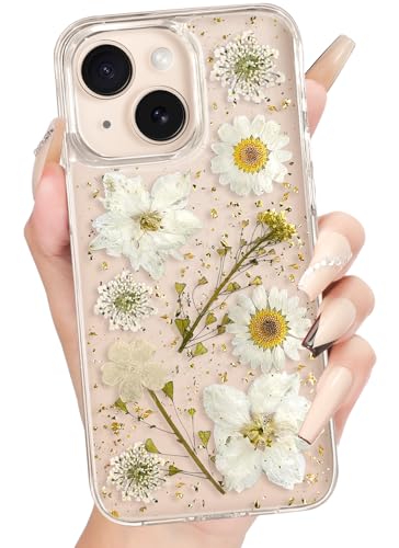 Loheckle for iPhone 15 Plus Case for Women - Girls Cute Glitter Dried Flower Floral Girly Aesthetic Kawaii Sparkle Sparkly Bling Unique Design Handmade Phone Cover for Apple 15 Plus 6.7", White