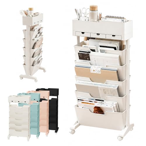 5 Tier Rolling Book Cart Multi-Functional Movable Storage Bookshelves with Lockable Wheels for Study Office Library Classroom White (Whtie with Wheel)