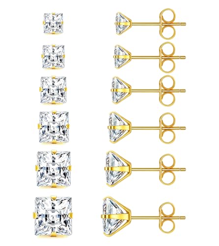 6 Pairs Square Earrings Princess Cut Earrings Set for Men Women Hypoallergenic 14K Gold Plated Surgical Steel Clear Cubic Zirconia Stud Earrings for Multiple Piercing Sensitive Ears CZ Size 3-8mm