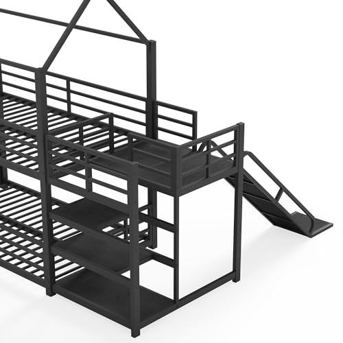 Image of Bellemave Metal Bunk beds Twin Over Twin with Slide and Storage Stairs, House Floor bunk Bed with guardrail for Kids,Black