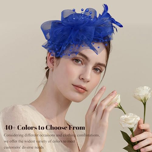 YOVORO Women's Fascinator Hat Mesh Flower Hat with Feather Cocktail Headwear Hair Clip Blu - Thumbnail 5