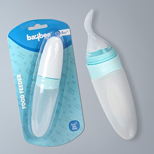 Image of BAYBEE Baby Silicone Food Feeder | Bpa Free & Leak Proof Soft Spoon Feeding for Babies, Infants | Anti-Colic Semi-Solid Squeezy Food Feeder Bottle for Baby 6 to 12 Months (200 ml, Aqua)