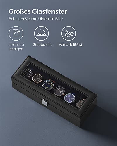 SONGMICS Uhrenbox mit 6 Fächern, Uhrenbox, Schatulle, Glasdeckel, abnehmbare Polster, Schloss aus Metall, schwarz beschichtet und Futter in Schwarz JWB06B01