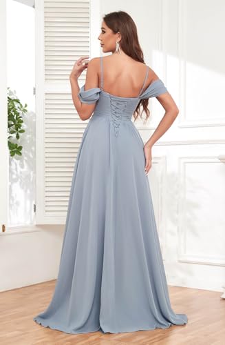 Image of Sukleet Women's Off Shoulder Bridesmaid Dresses Long Slit Chiffon Pleated Evening Formal Dress with Pockets