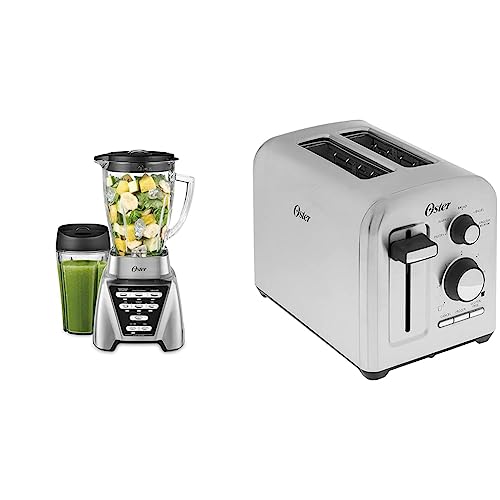 Image of Oster Blender | Pro 1200 with Glass Jar, 24-Ounce Smoothie Cup, Brushed Nickel & Precision Select 2-Slice Toaster