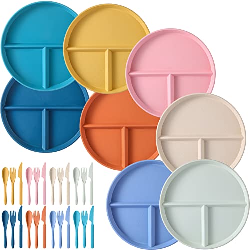 8 Set Unbreakable Wheat Straw Divided Dinner Plates 9 Inch Wheat Plastic Gridded Dinner Plates With Spoon Knife Fork Microwave Dishwasher Safe Wheat Straw Dinnerware Set For Kids Picnic Kitchen #TOP6