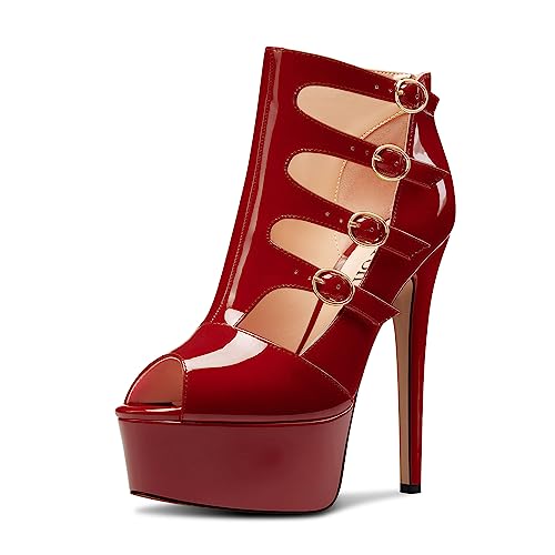 DearOnly Womens Platform Stiletto High Heel Peep Open Toe Sandals Zipper Buckle Wedding Dress Patent Leather 5.9 Inches Heels