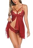 Donnalla Babydoll Lingerie for Women Floral Lace Chemise Boudoir Outfits Strap Ruffle Sleepwear,Wine
