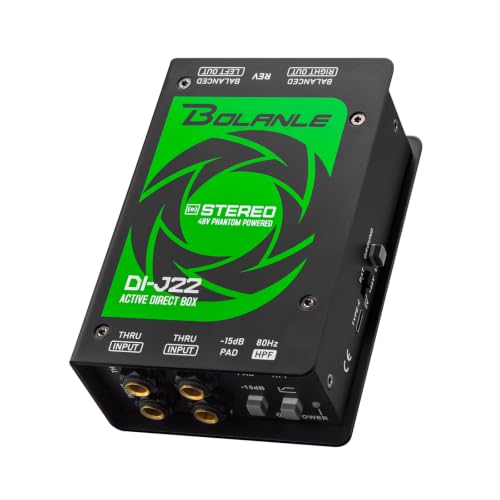 Bolanle J22 Active Stereo DI Box, Dual Channel Direct Box with 48V Phantom/9V Battery/USB Power, XLR 1/4 inch, Ground Lift, Polarity Switch for Guitar, Bass, Keyboard, Live Stage, Church
