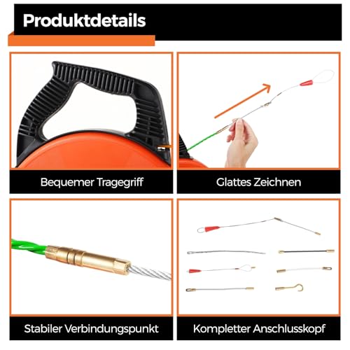 Kabeleinzugsset mit 7 Kopfverbindern, 4,5 mm Durchmesser und 164 ft Glasfaser-Einzugsspule, Einzugsspule, Draht-Einziehband, Einziehhilfe mit 7 Führungsfedern, Kunststoffgehäuse（4mm-50M）