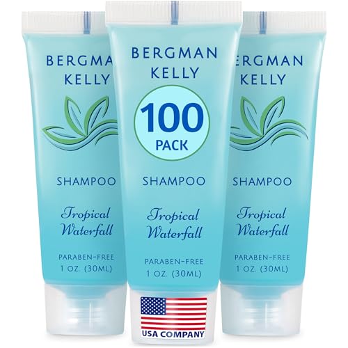BERGMAN KELLY - Travel Size Hotel Shampoo - 1 fl oz, 100 PK, Tropical Waterfall - Delight Your Guests with Revitalizing & Refreshing Hair Cleanser for Guest Hospitality - Bulk Small Size Shampoo