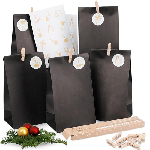 Adventskalender zum Befüllen - Adventskalender 2025 - mit 24 schwarzen Geschenktüten und 24 Zahlenaufklebern und Klammern - zum Basteln und Verschenken - Weihnachten