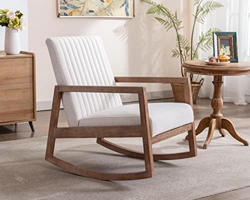 CIMOTA Mid Century Rocking Chair Modern Linen Armchair Upholstered Arm Chair with Padded Seat/Wood Frame, Comfy Rocker for Living Room/Bedroom/Nursery, Linen/Beige