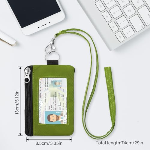 Image of Minimalist RFID Wallet with Lanyard, Multi-functional ID Case with 2 Zipper Pockets and Key Chain for Men and Women, Tactical Badge Pouch Cards Holder, Coin Purse for Travel Sports - Grass Green